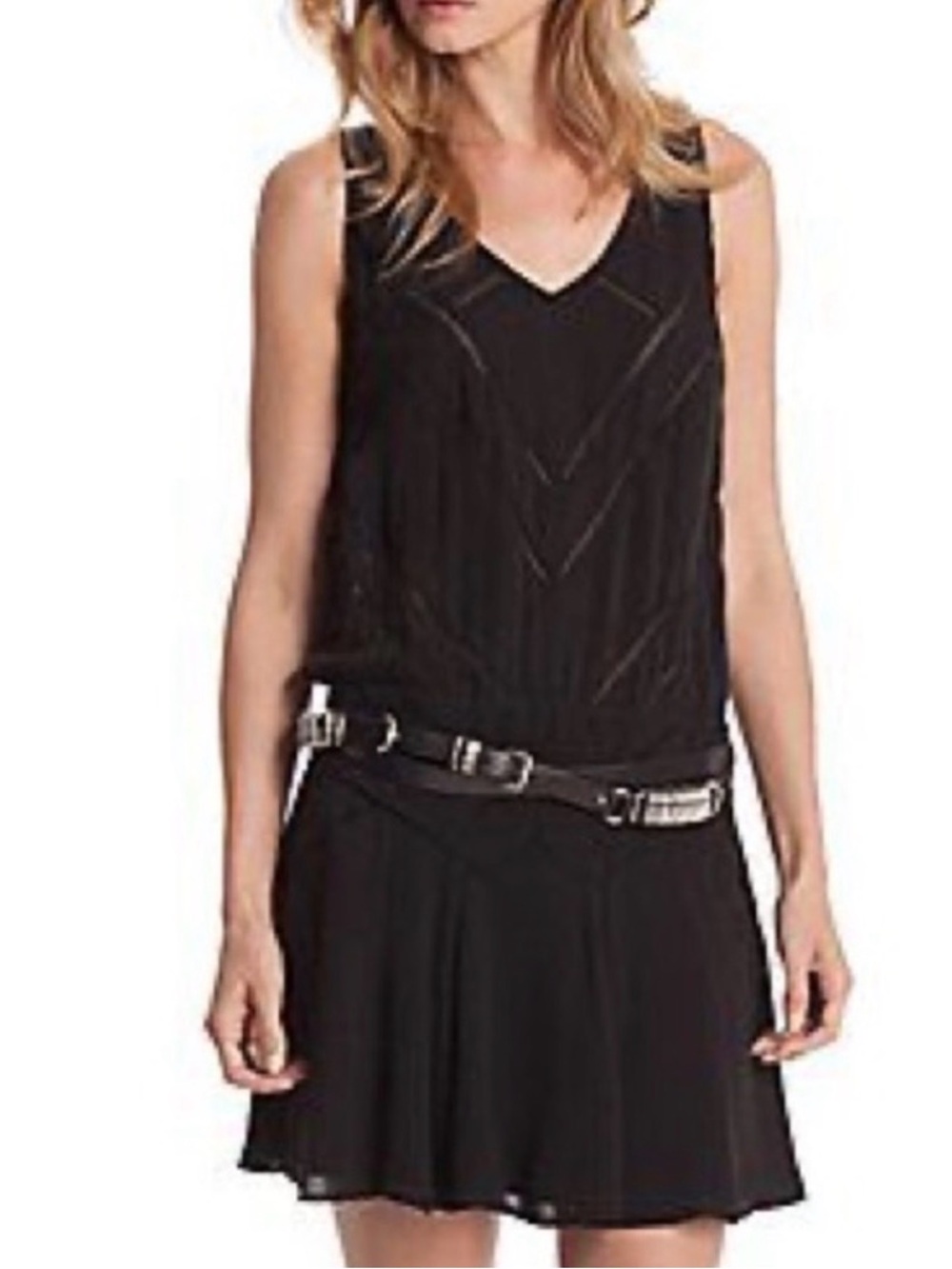 Elin Kling for Marciano "Karin" Black 100% Silk Pleated Drop-Waist Mini Dress